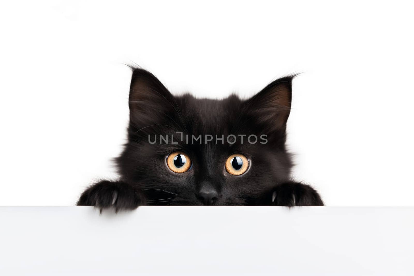 A funny cute black kitten looks out from behind a white background. Black kitten isolated on white background.