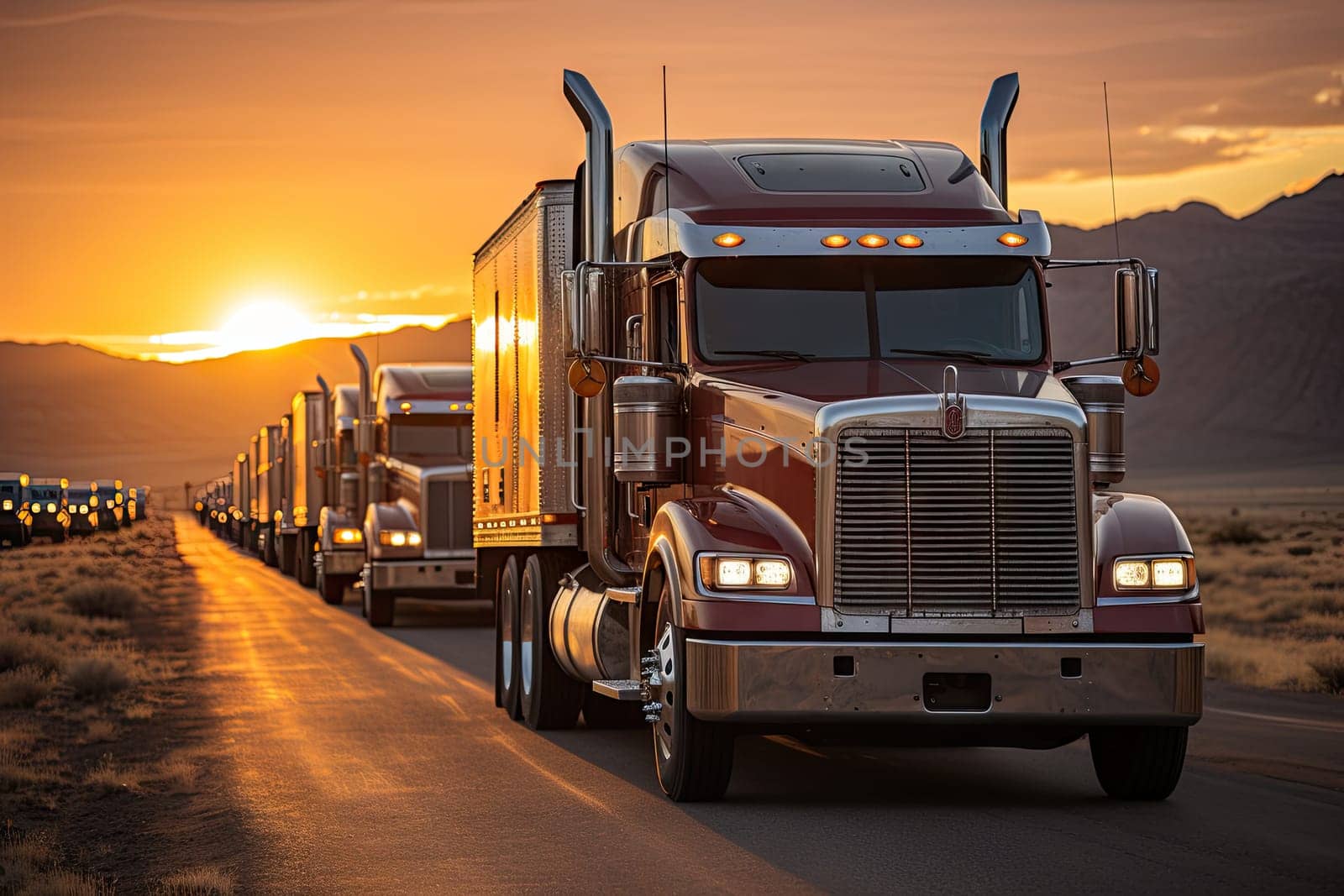 A semi truck driving down a road at sunset by golibtolibov