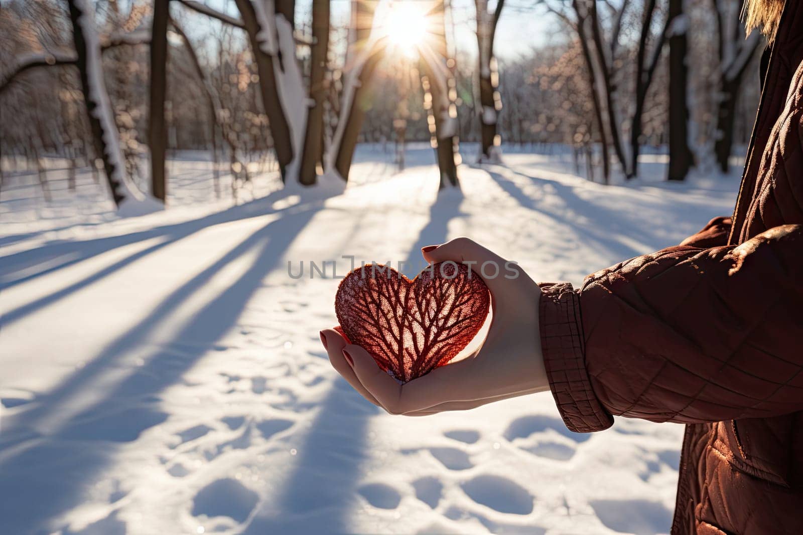 A person holding a heart shaped object in the snow created with generative AI technology by golibtolibov
