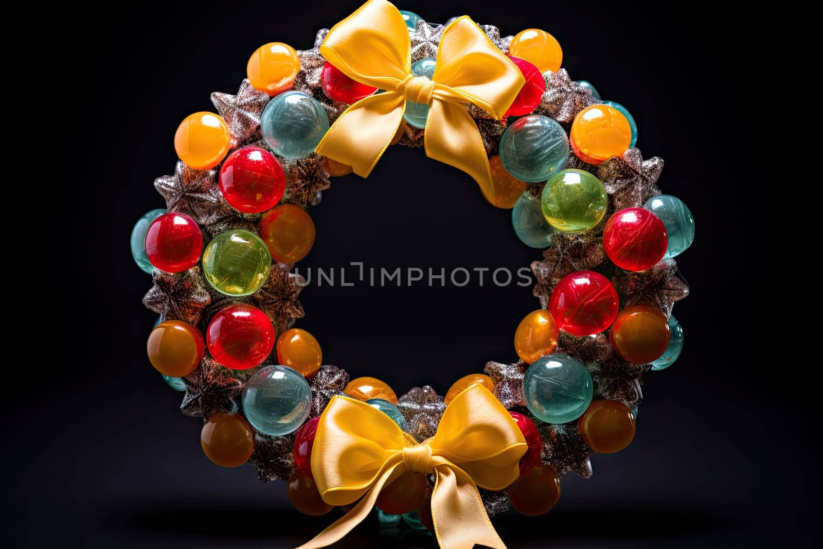 A christmas wreath with a yellow bow on a black background created with generative AI technology by golibtolibov