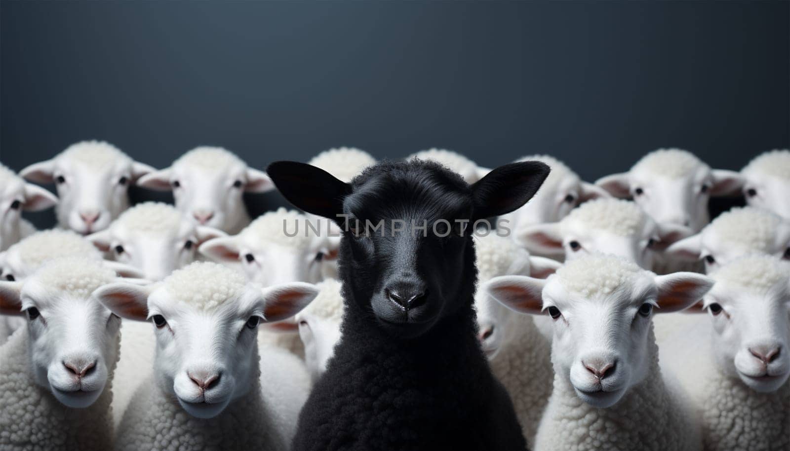 Standing out of the crowd. Dare to be different concept. A black sheep among the herd of white sheep. Black sheep of the family concept design by Annebel146