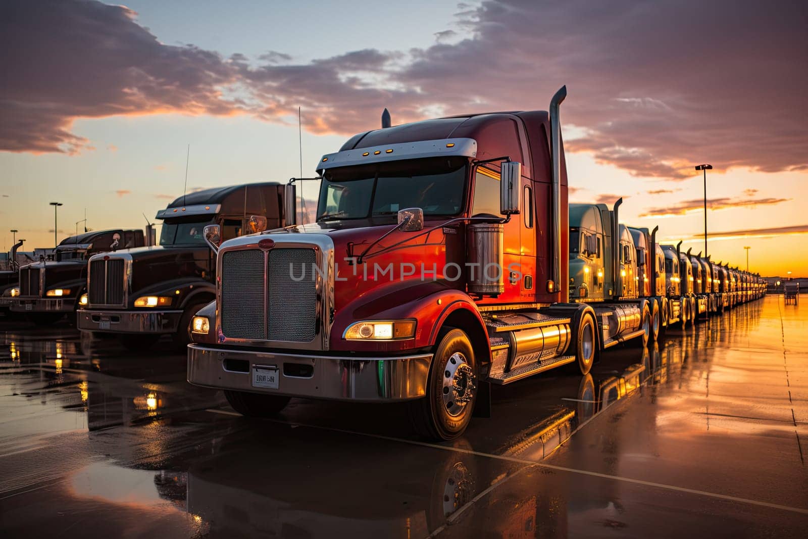 A row of semi trucks parked next to each other created with generative AI technology by golibtolibov