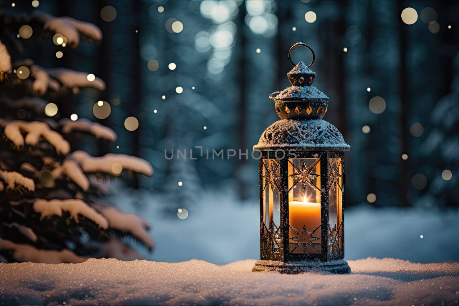 A Serene Winter Evening: Illuminated Lantern Casting Warm Glow on Snow-Covered Pine Tree