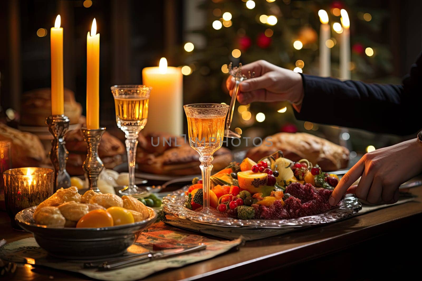 A Festive Feast: Table Overflowing with Delectable Food, Glowing Candles, and a Majestic Christmas Tree