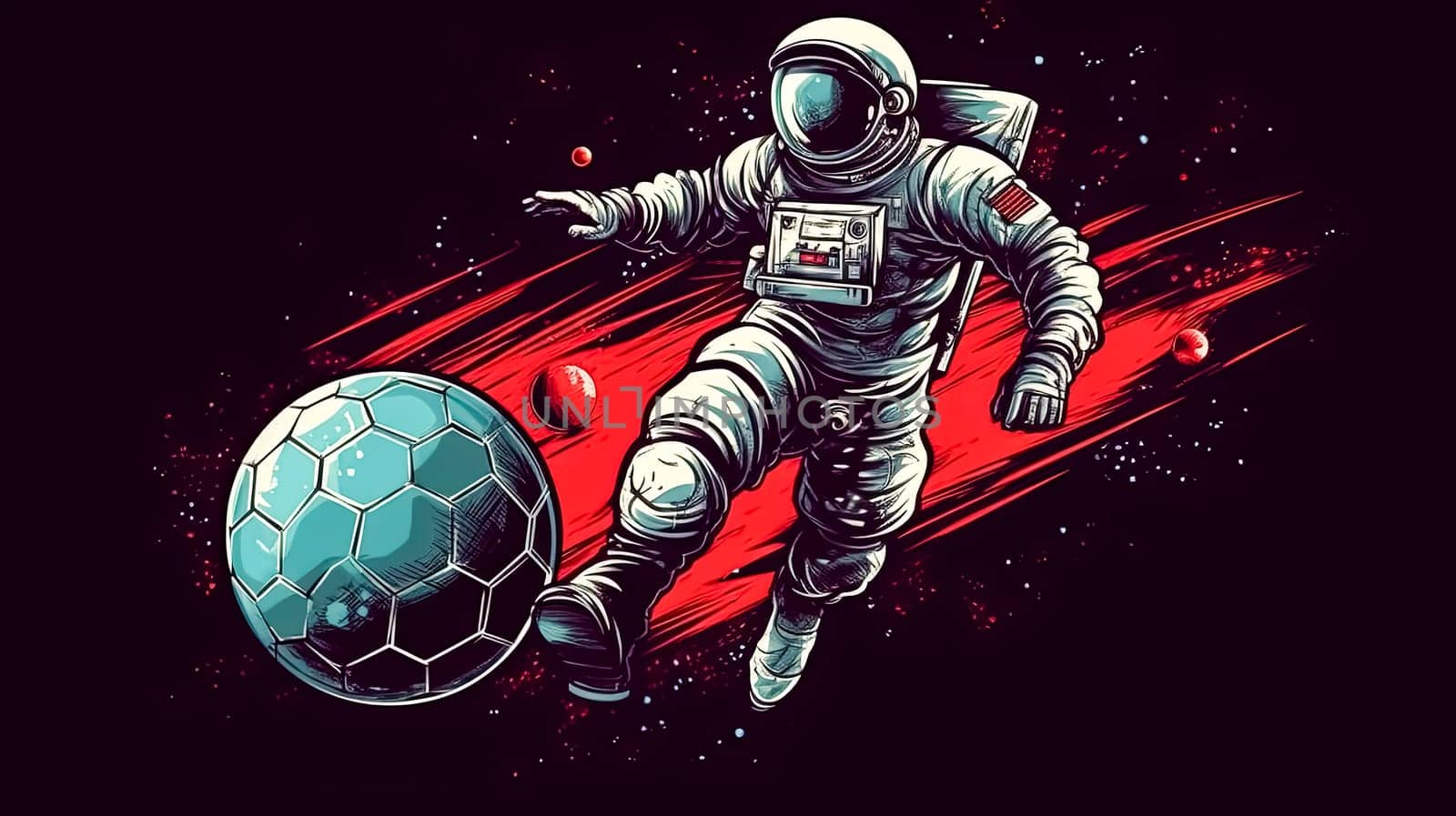 A cosmic match unfolds on Mars as an astronaut dribbles a football, merging the red planets desolate beauty with the universal language of the game