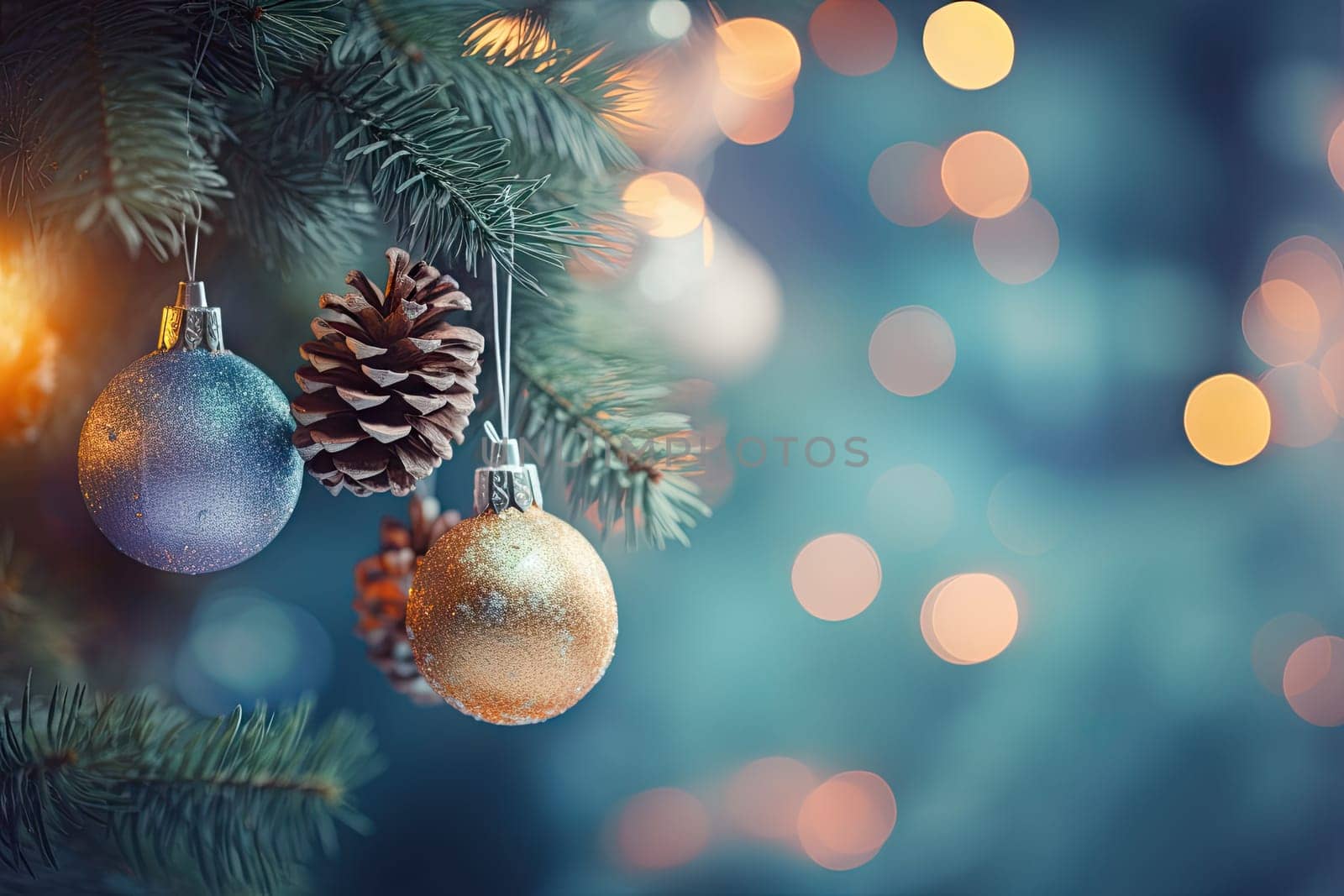 A christmas tree with ornaments hanging from it created with generative AI technology by golibtolibov