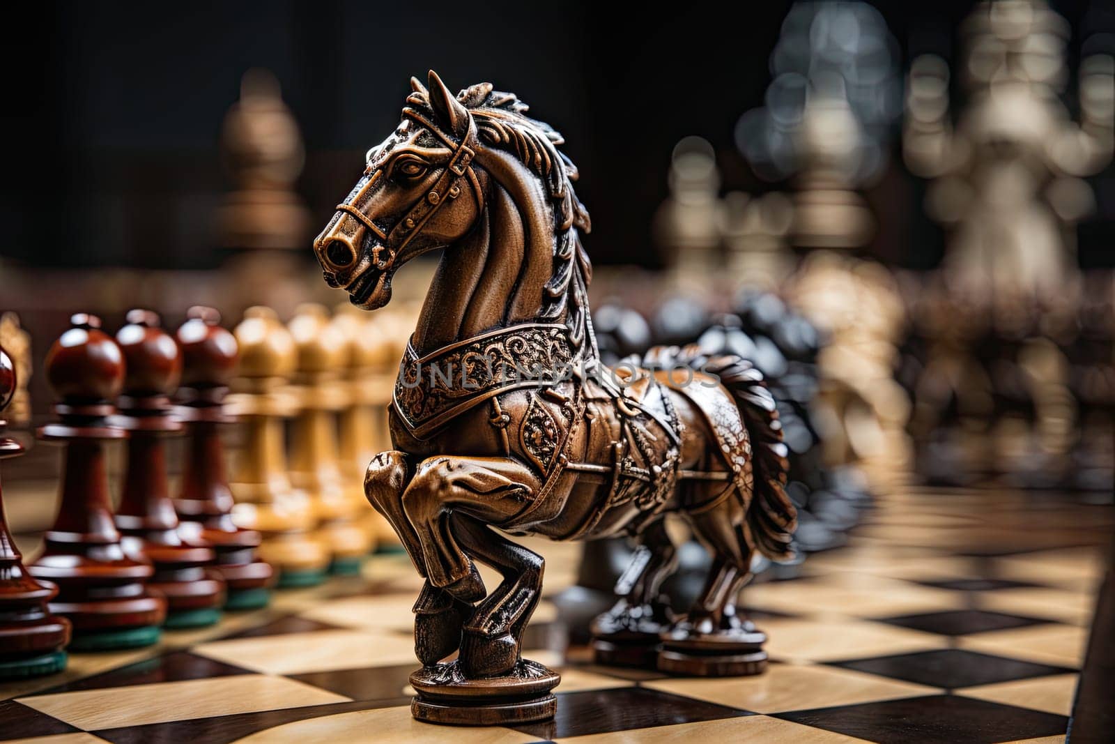 A close up of a chess board with a horse on it created with generative AI technology by golibtolibov