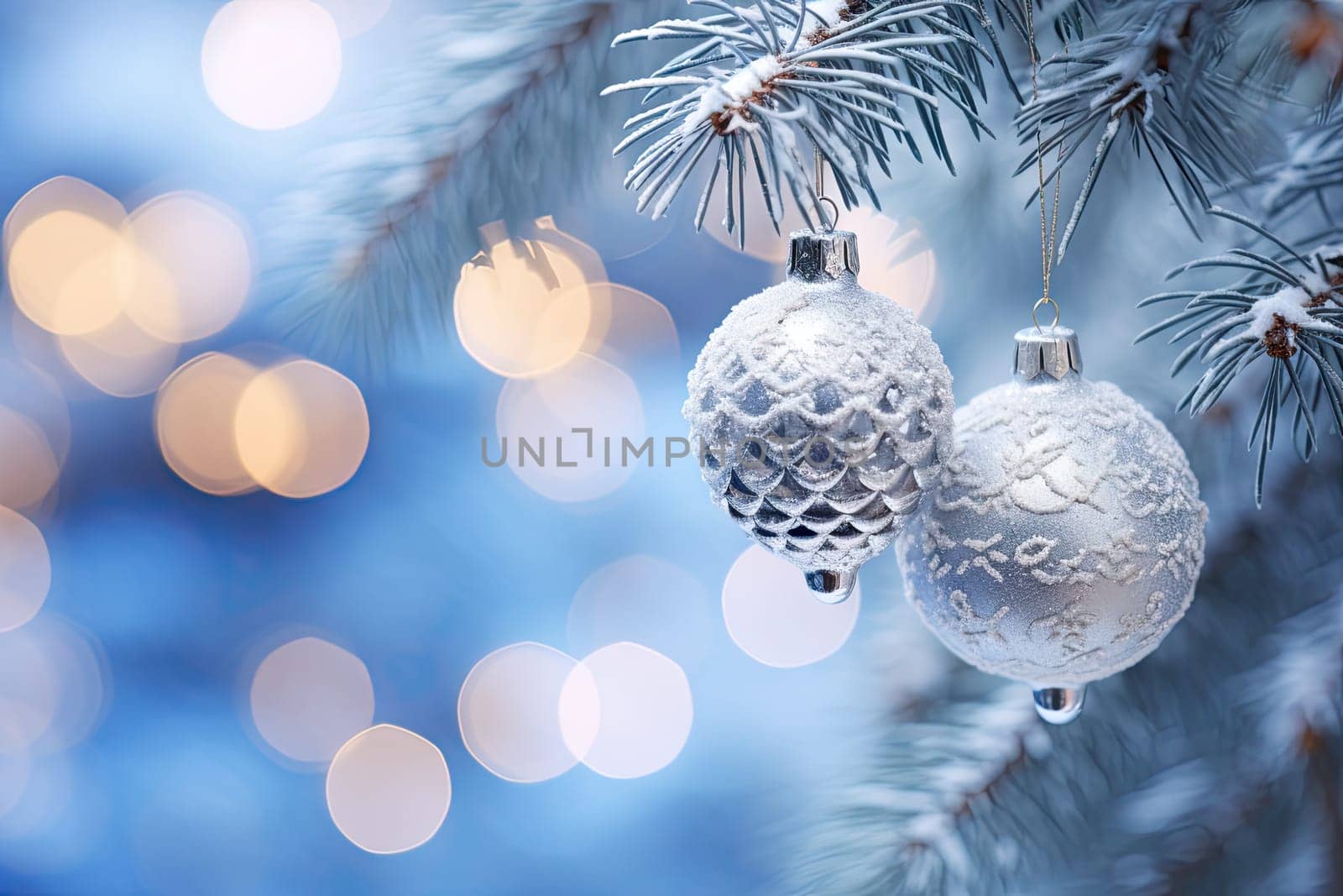 A close up of a christmas tree with ornaments created with generative AI technology by golibtolibov