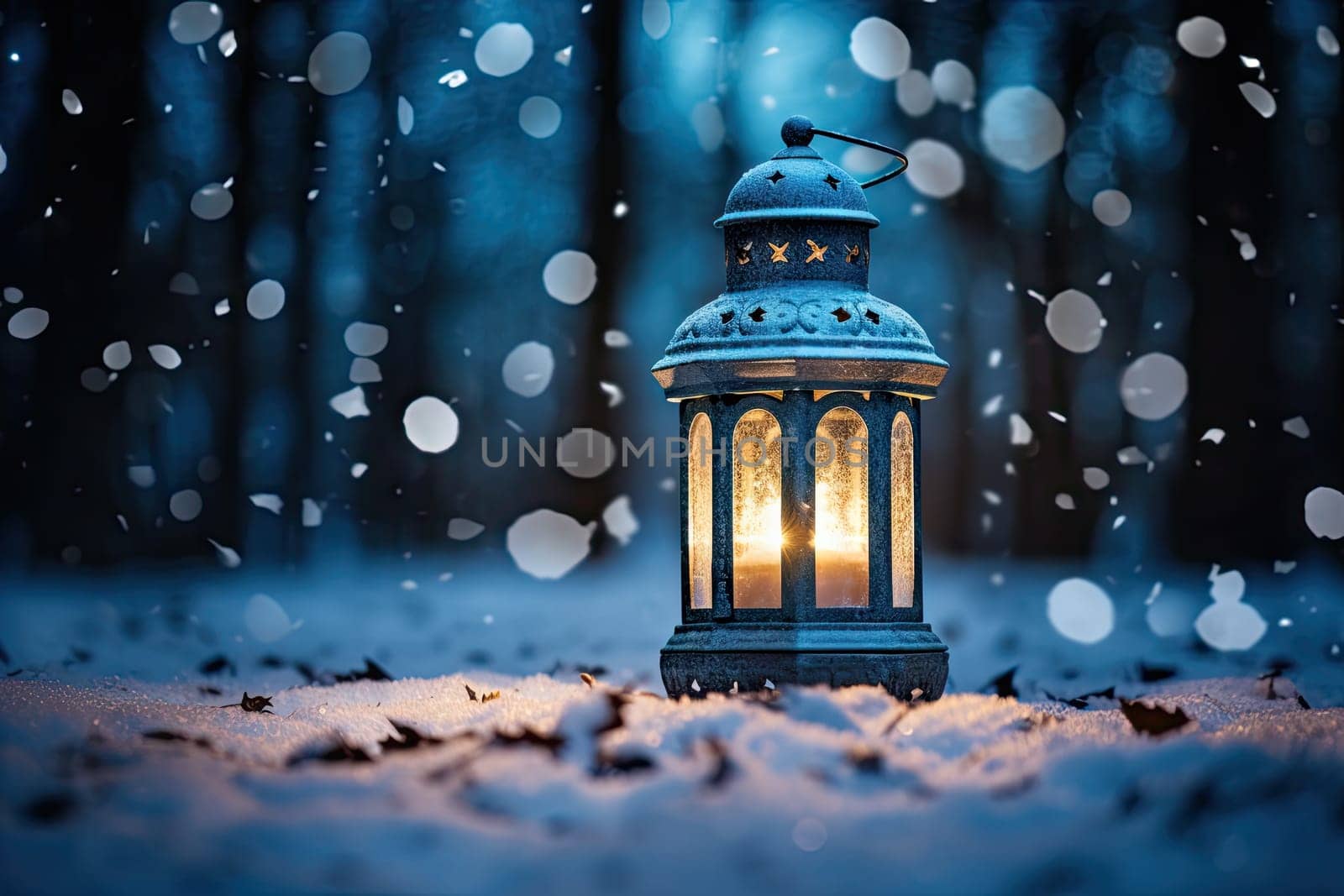 A Serene Glow: A Lantern Illuminating a Snowy Winter Night Created With Generative AI Technology