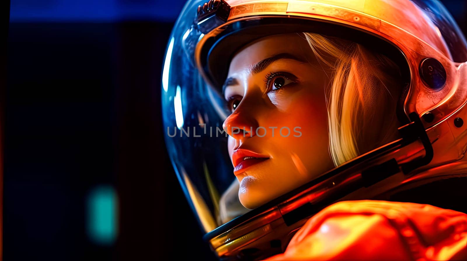 In the cosmic silence, a close up of a female astronauts face exudes a mix of wonder and focus, epitomizing the essence of courage in the unknown