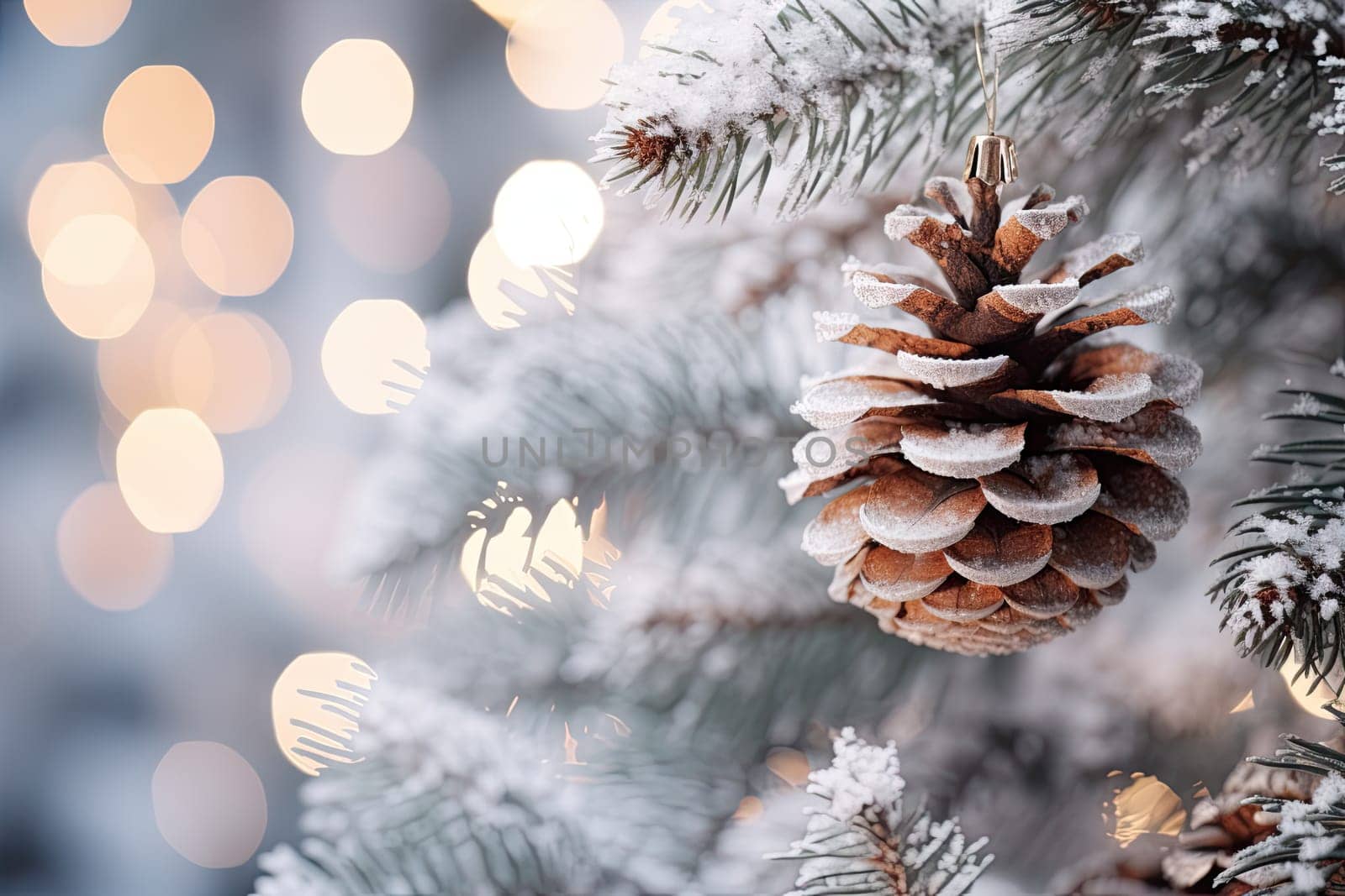 A close up of a pine cone on a christmas tree created with generative AI technology by golibtolibov