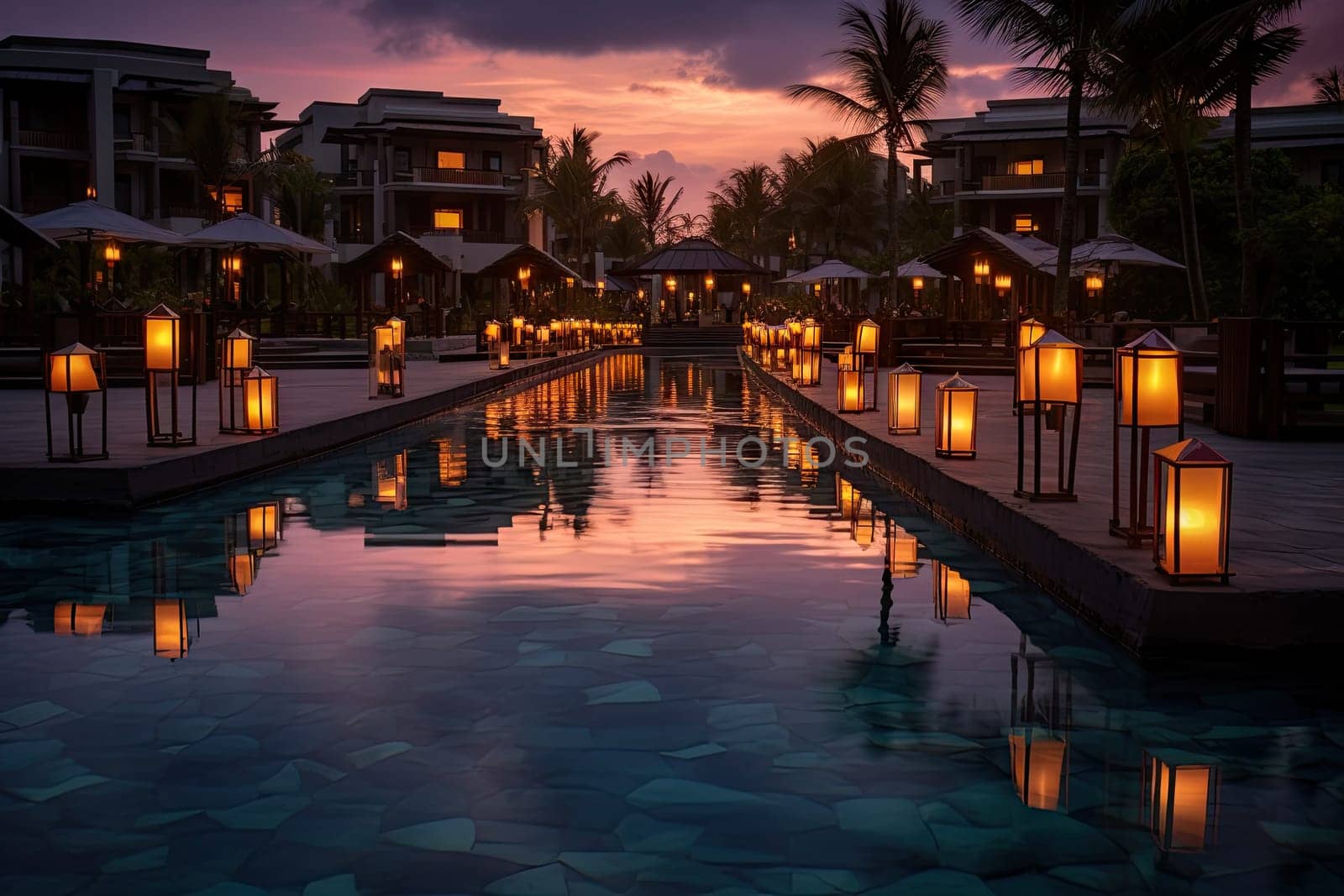 A Serene Nighttime Oasis: A Pool Aglow with the Warm Light of Lanterns