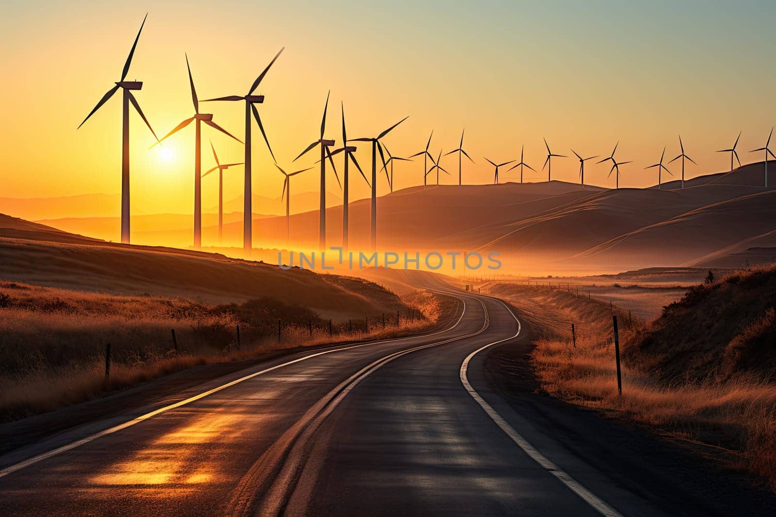 A road with a bunch of windmills in the background created with generative AI technology by golibtolibov