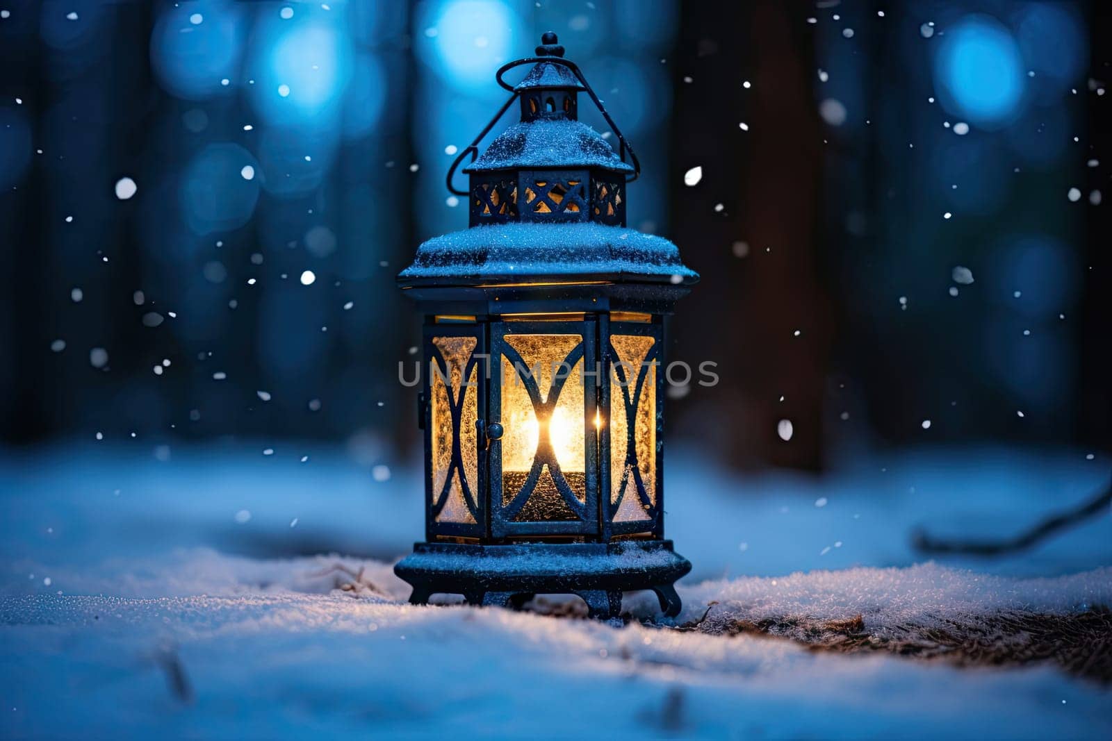 A lantern is lit in the snow at night created with generative AI technology by golibtolibov