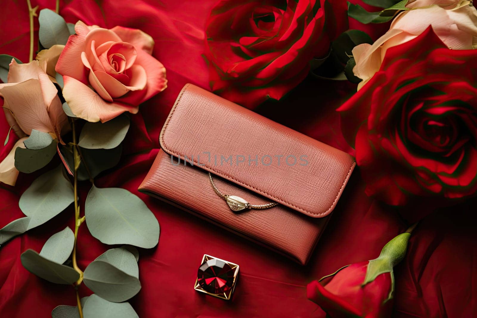A Romantic Gesture: A Bouquet of Roses and a Wallet on a Red Cloth