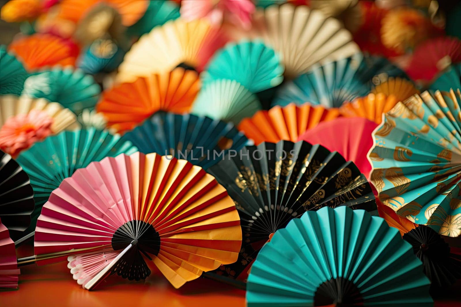 A Vibrant Display of Colorful Paper Fans Adorning a Table Created With Generative AI Technology