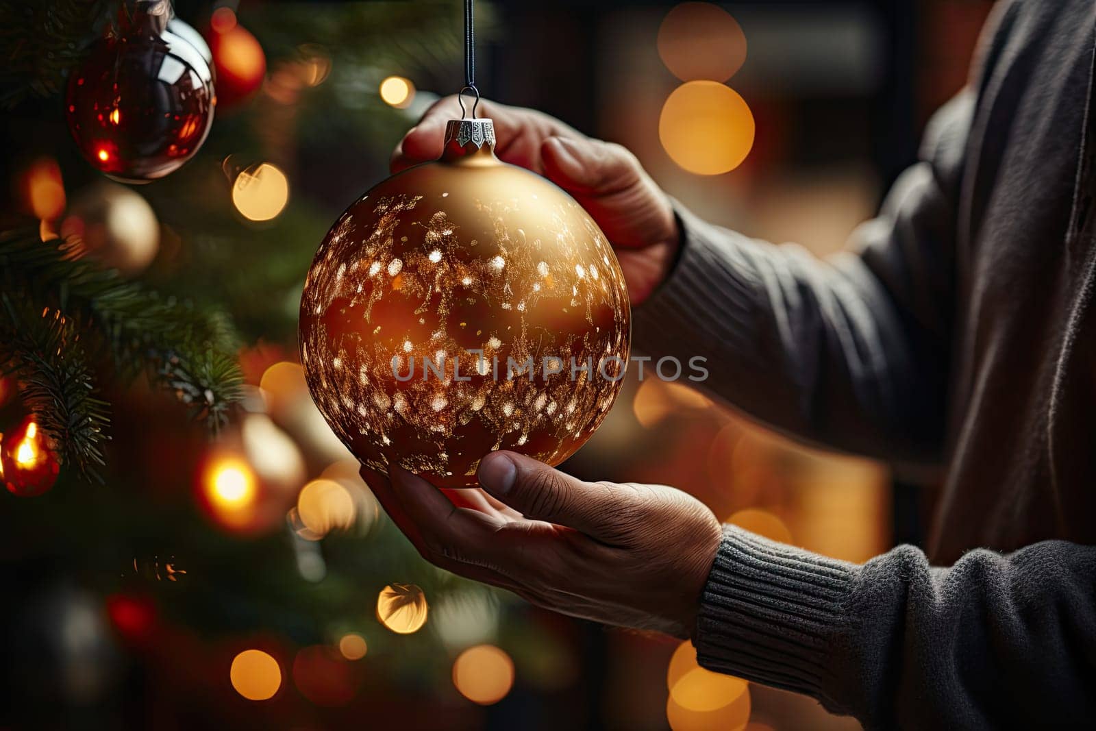 The Magic of Christmas Captured in a Person Holding a Ornament in Front of a Festive Christmas Tree Created With Generative AI Technology