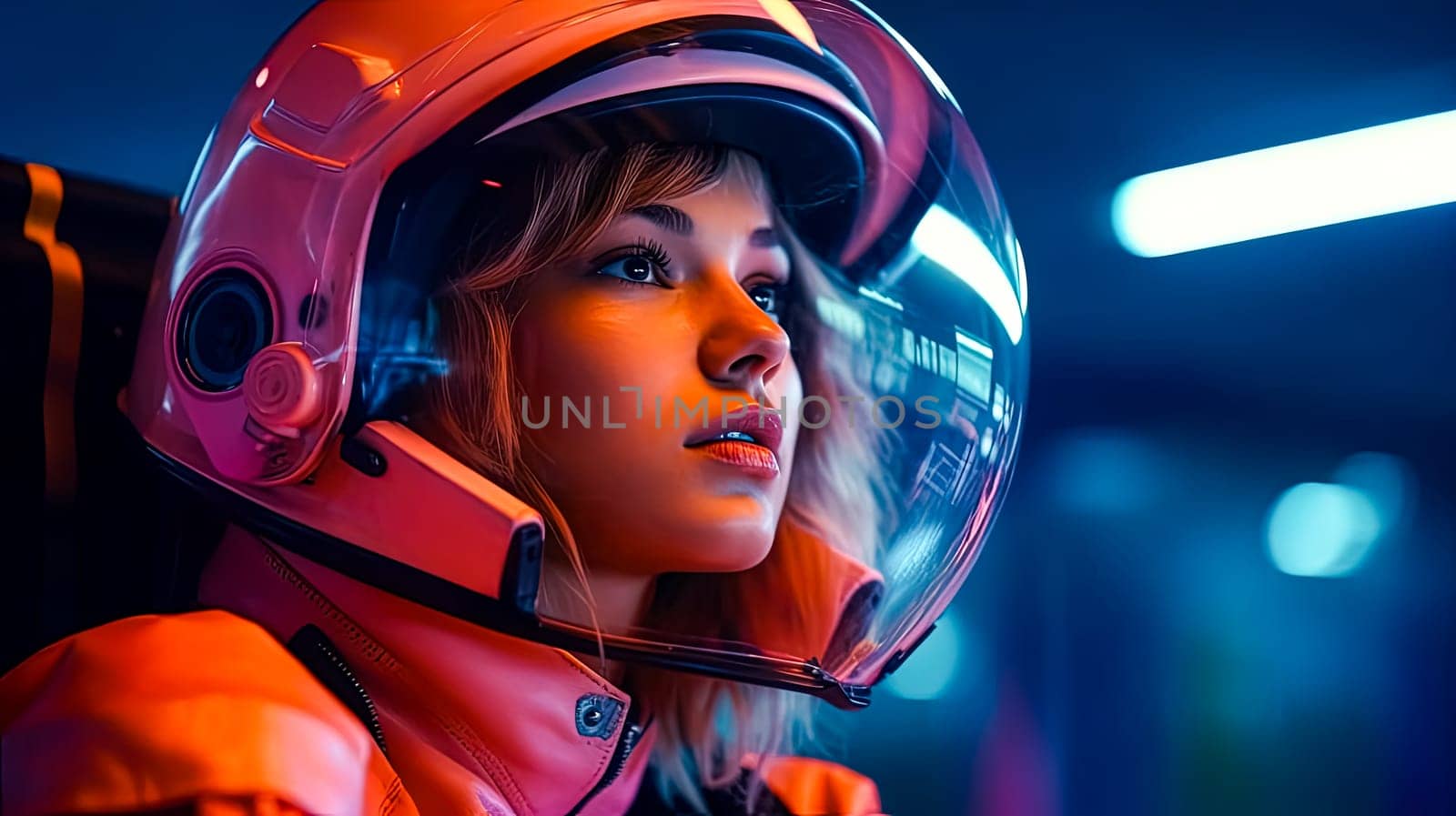 A close up reveals the resilience in the eyes of a female astronaut, adorned in a sleek spacesuit a portrait of strength in the vastness of space