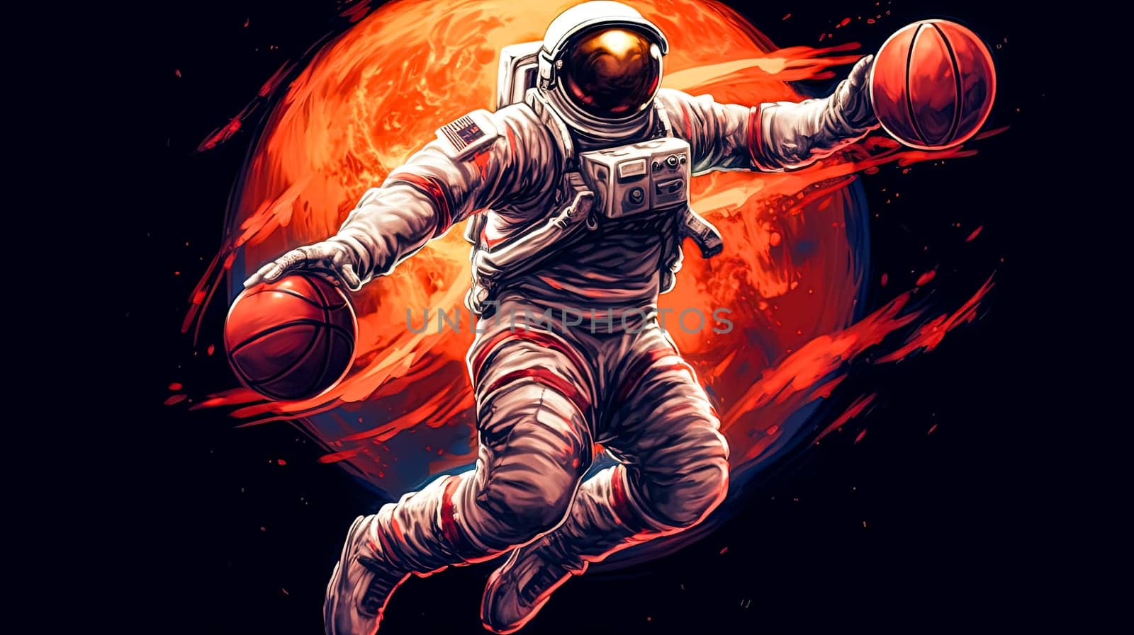 A slam dunk in low gravity, an astronaut elevates with a basketball on Mars, turning the barren landscape into a court for a cosmic game