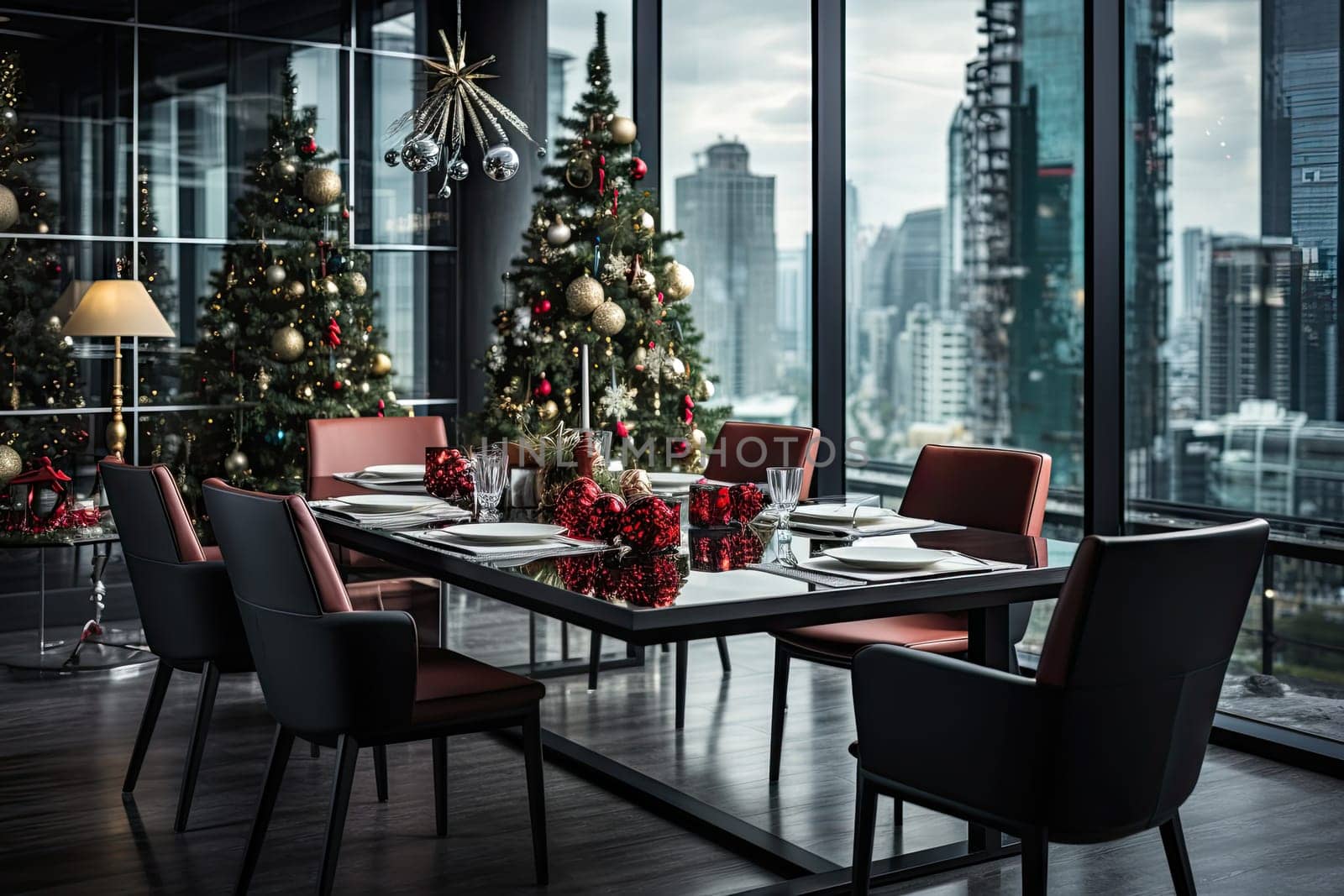 A dining room with a christmas tree in the middle of it created with generative AI technology by golibtolibov