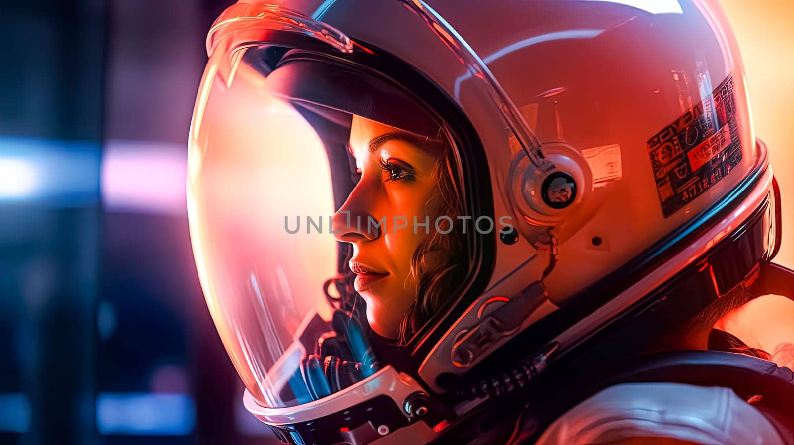 A close up reveals the resilience in the eyes of a female astronaut, adorned in a sleek spacesuit a portrait of strength in the vastness of space