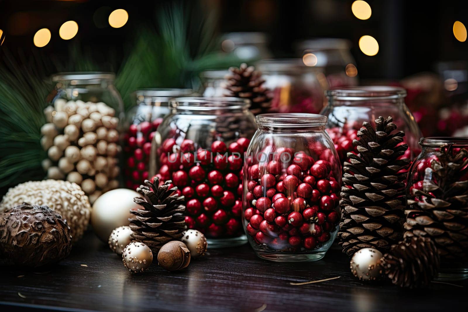 A Festive Display: Glass Jars Filled With Christmas Decorations Sparkling on a Tabletop Created With Generative AI Technology