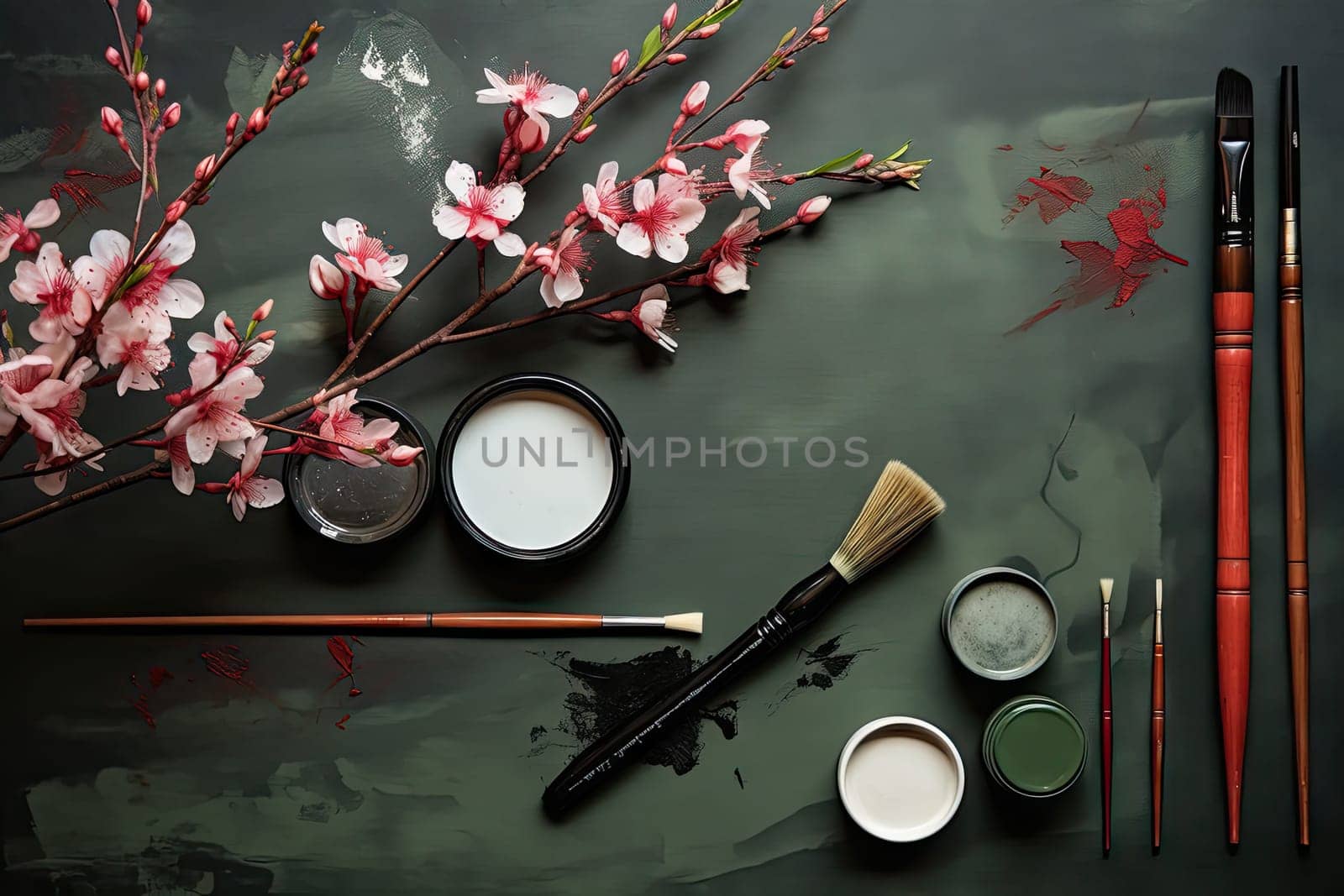 A table topped with lots of different types of paint and brushes by golibtolibov