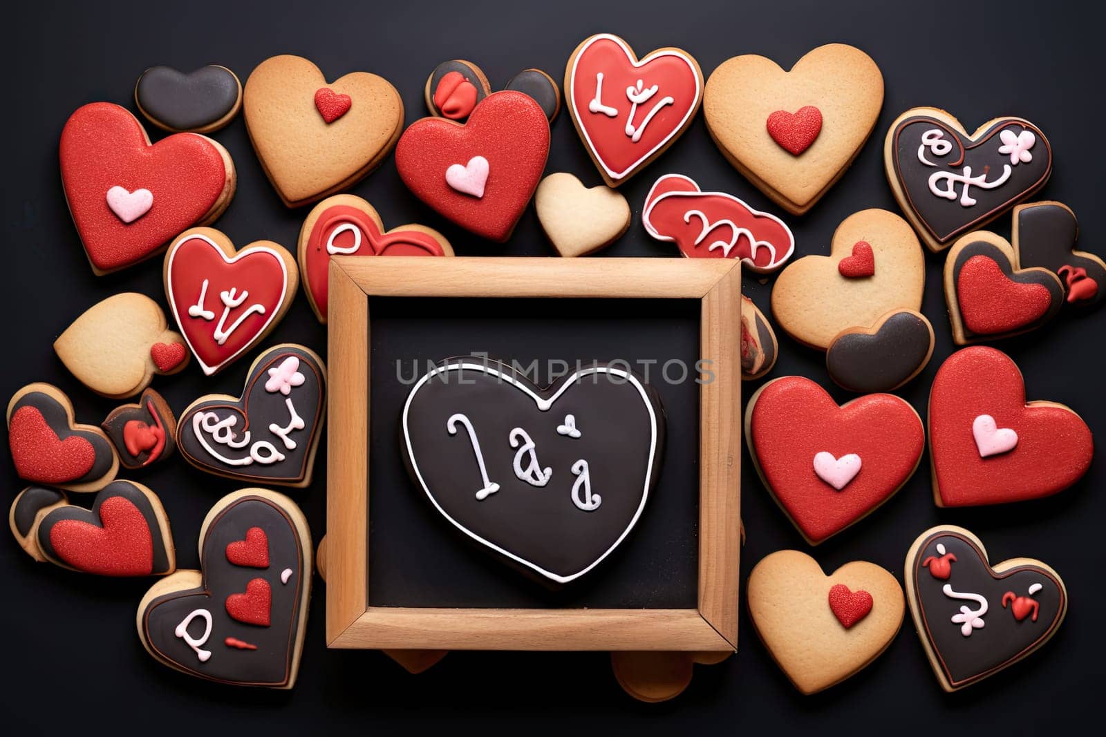 A picture frame surrounded by heart shaped cookies created with generative AI technology by golibtolibov