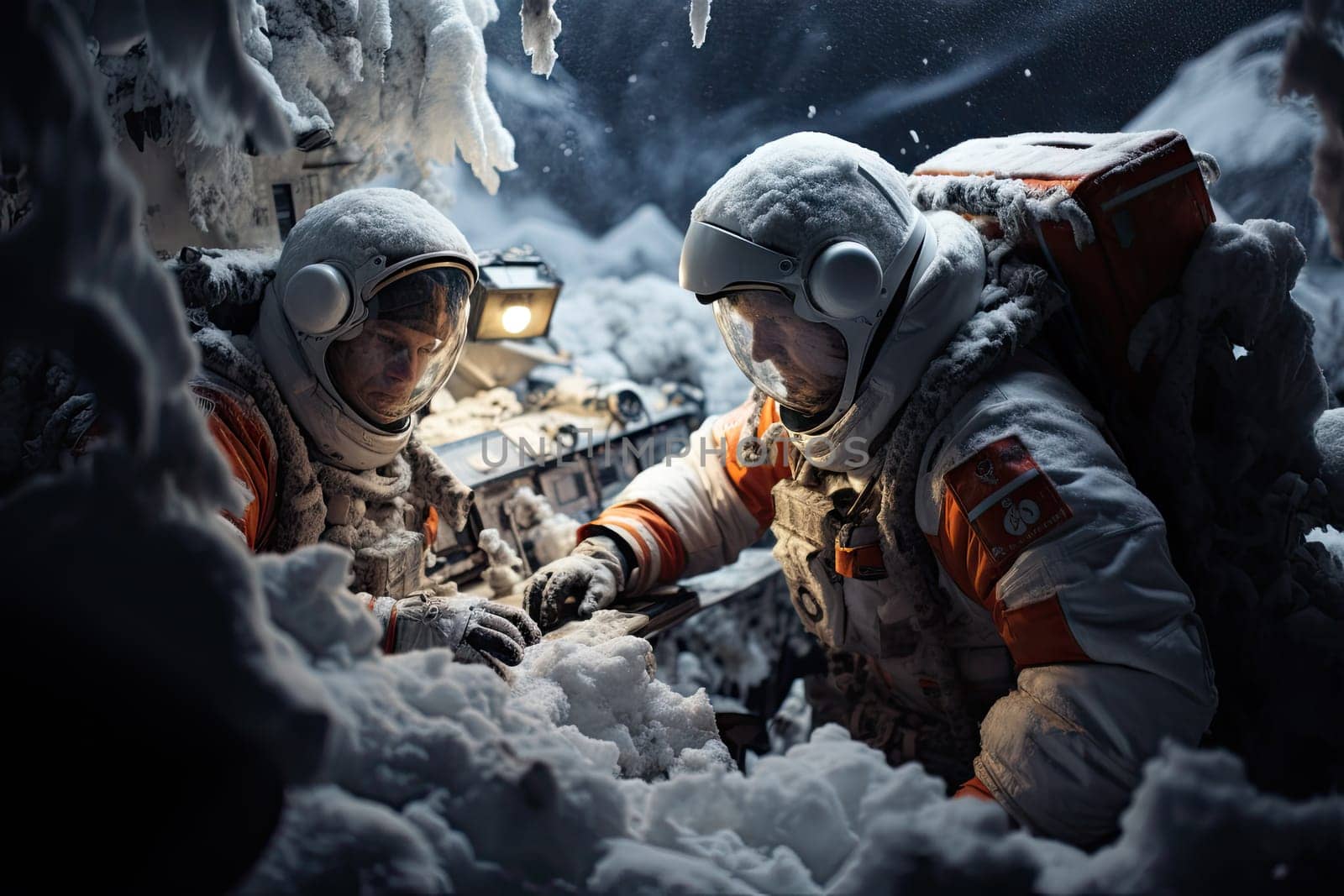 Two men in space suits are looking at something by golibtolibov