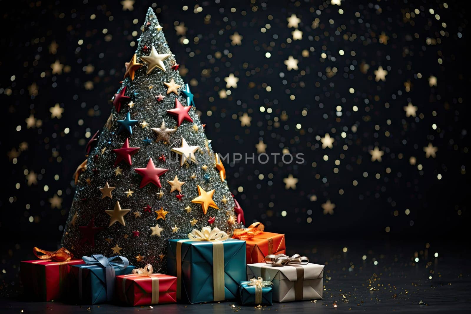 A christmas tree with presents around it created with generative AI technology by golibtolibov