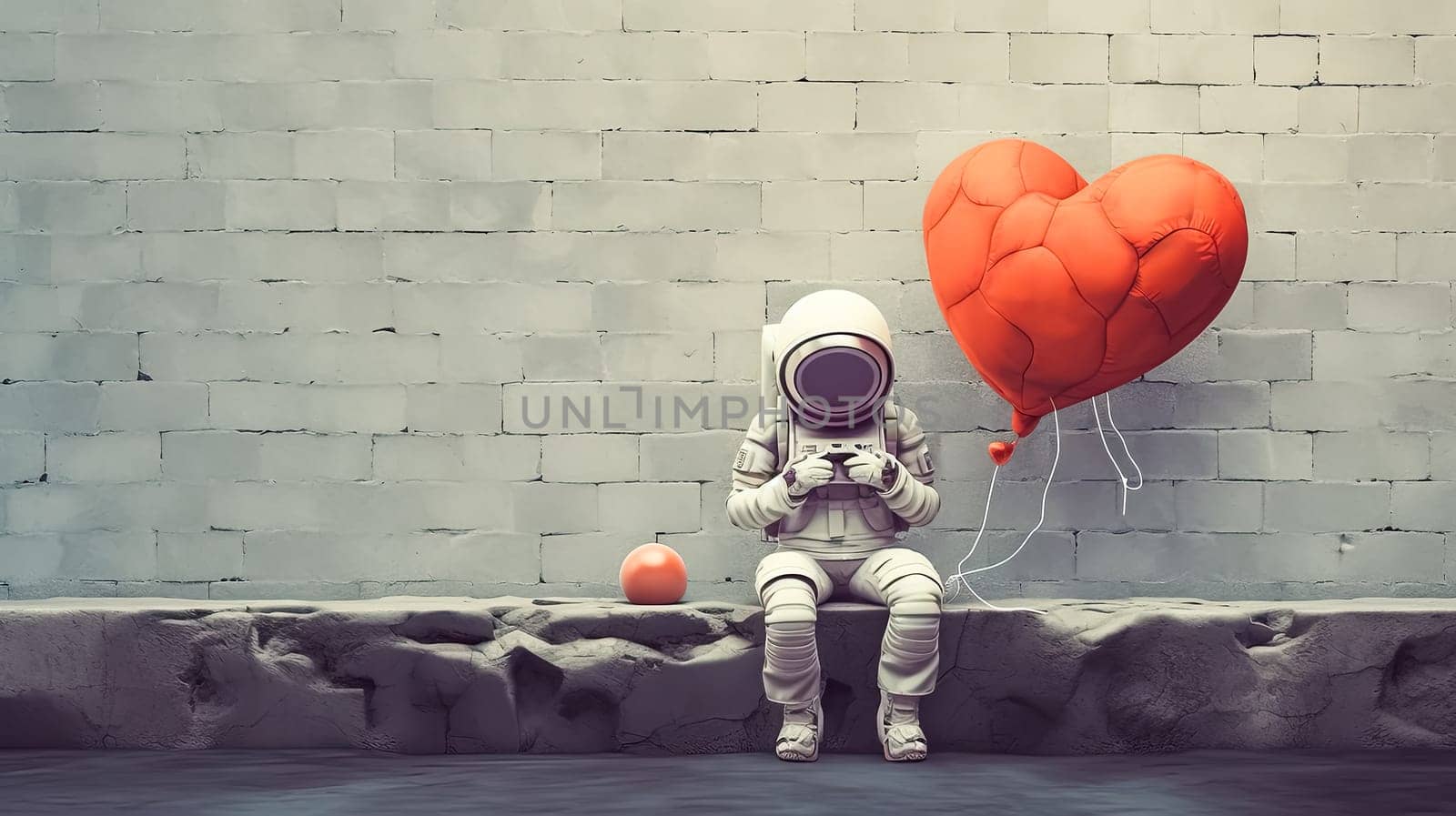 Little astronaut dreams, Child in suit sits with a heart balloon, a cosmic adventure of love and imagination taking flight