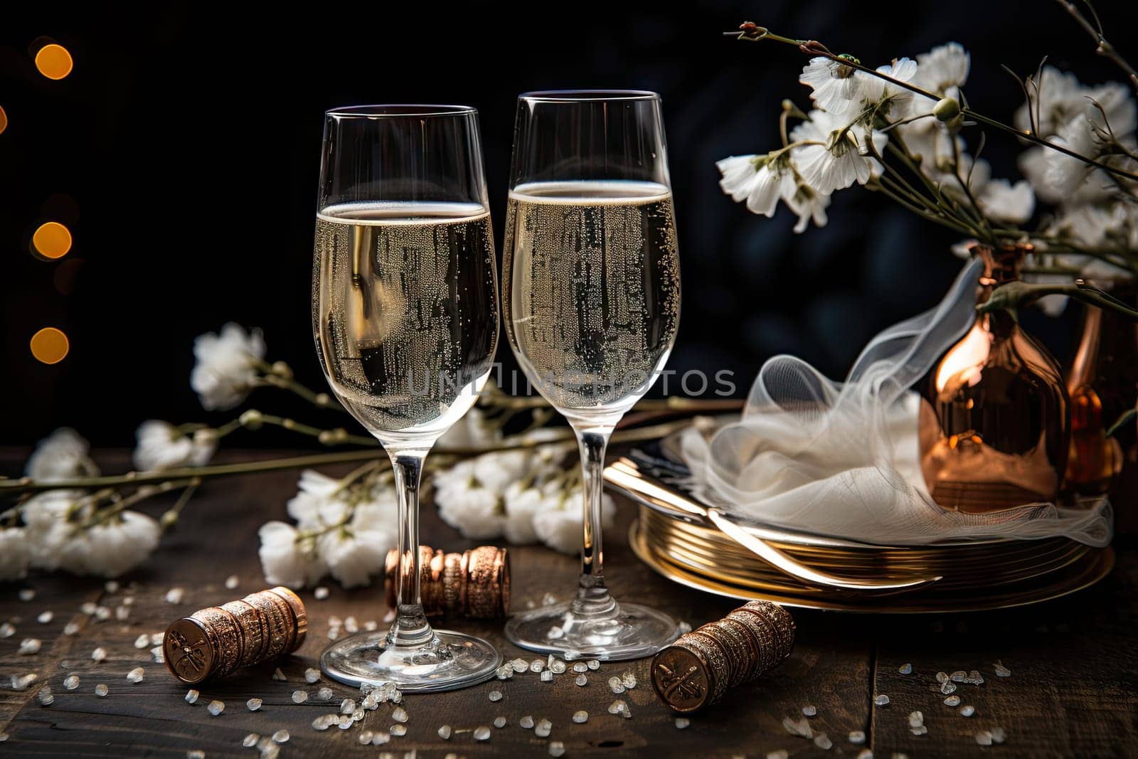 A Toast to Celebration: Two Gleaming Champagne Glasses Reflecting the Brilliance of a Wine Bottle