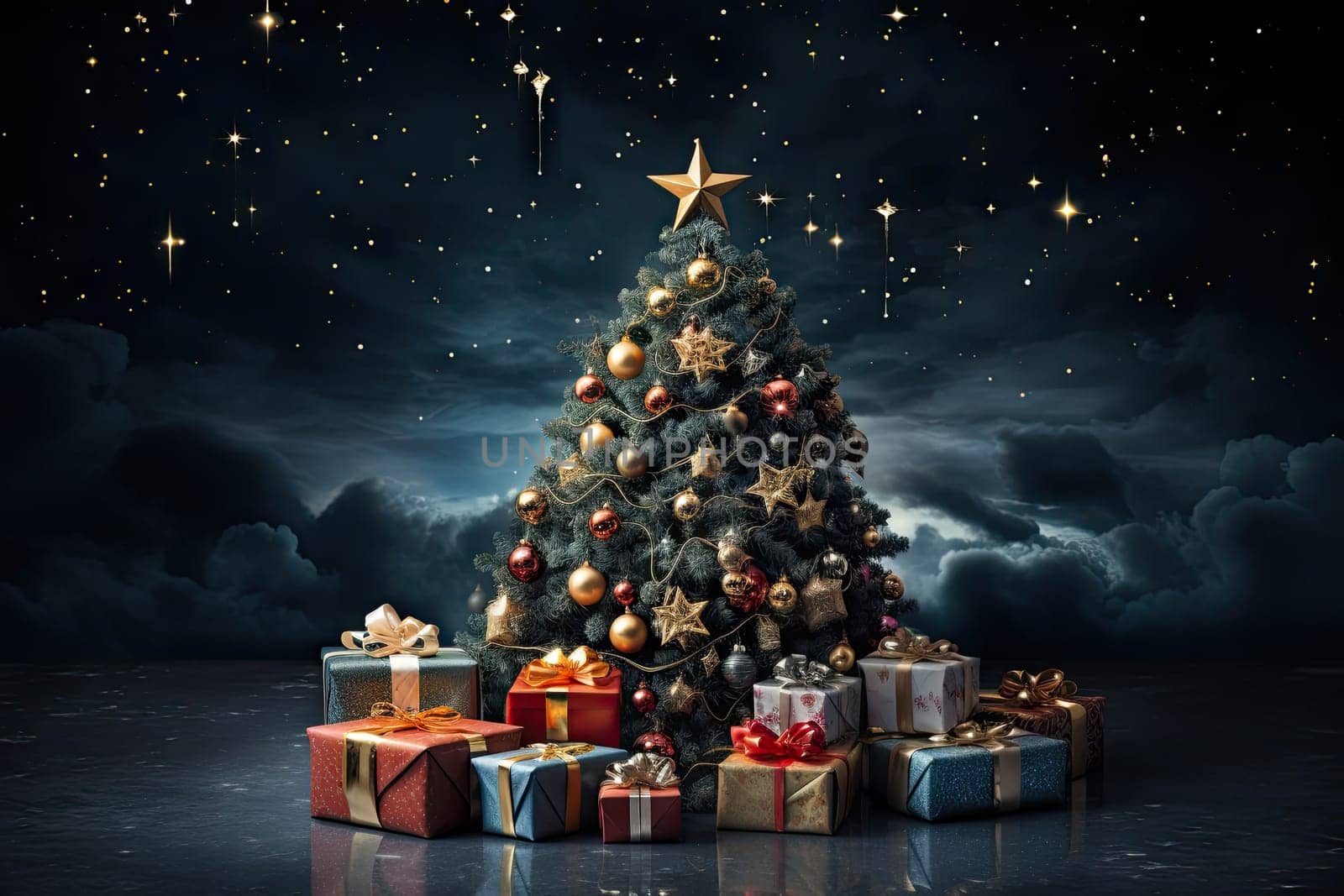 A christmas tree surrounded by presents under a night sky created with generative AI technology by golibtolibov