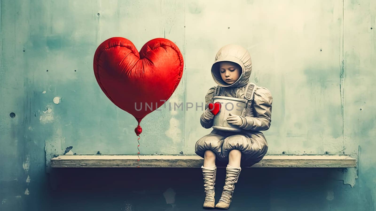 Kid in astronaut attire with a heart balloon by Alla_Morozova93