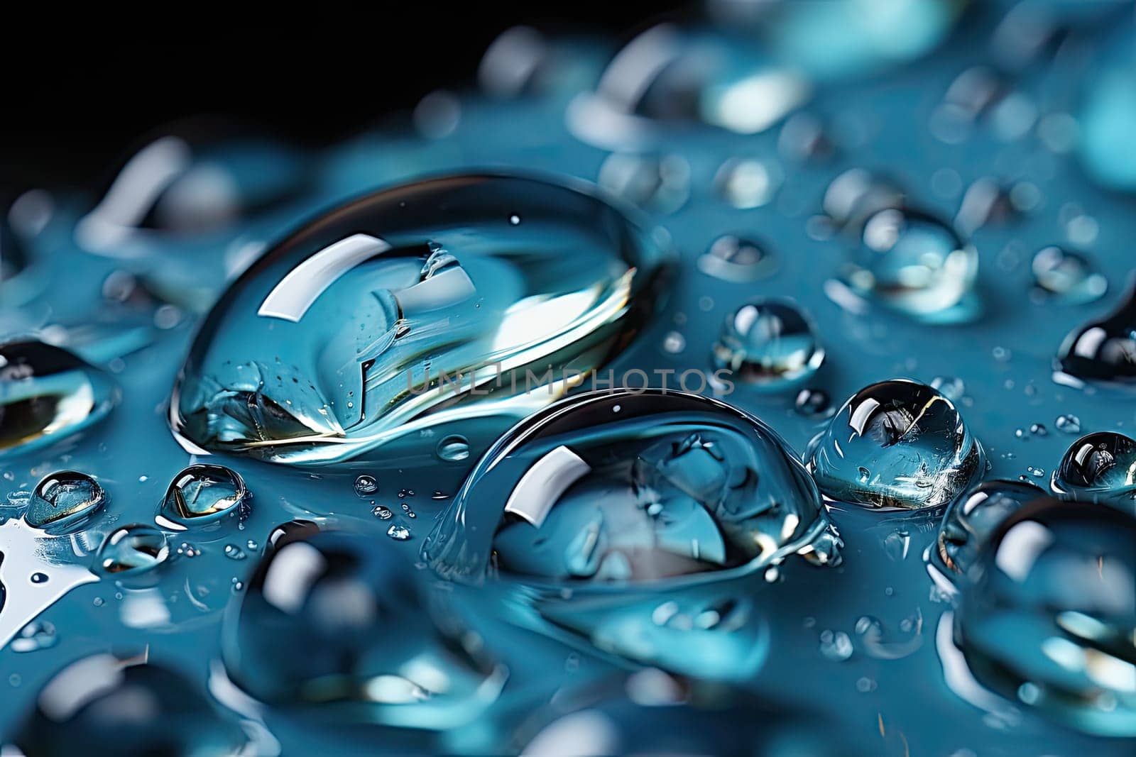 A close up of water droplets on a blue surface created with generative AI technology by golibtolibov