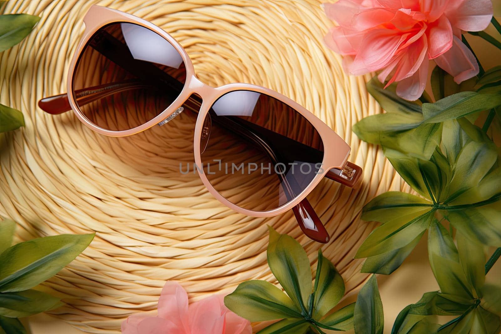 A Stylish Pair of Sunglasses Resting on a Rustic Woven Basket