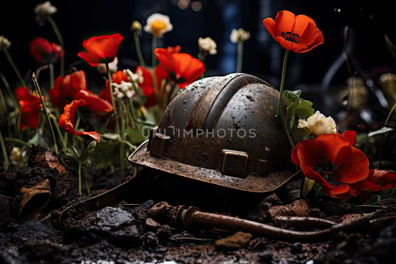 A helmet sitting on top of a field of flowers by golibtolibov