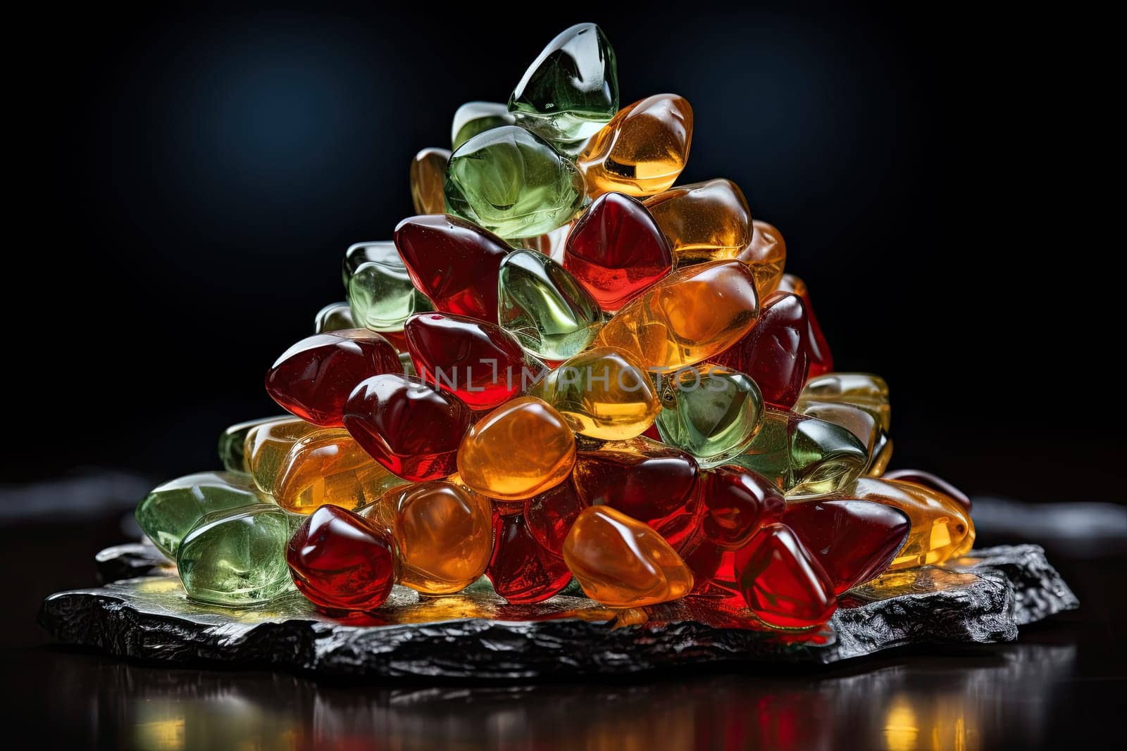 A Sweet Rainbow of Gummy Bears Piled High on a Wooden Table