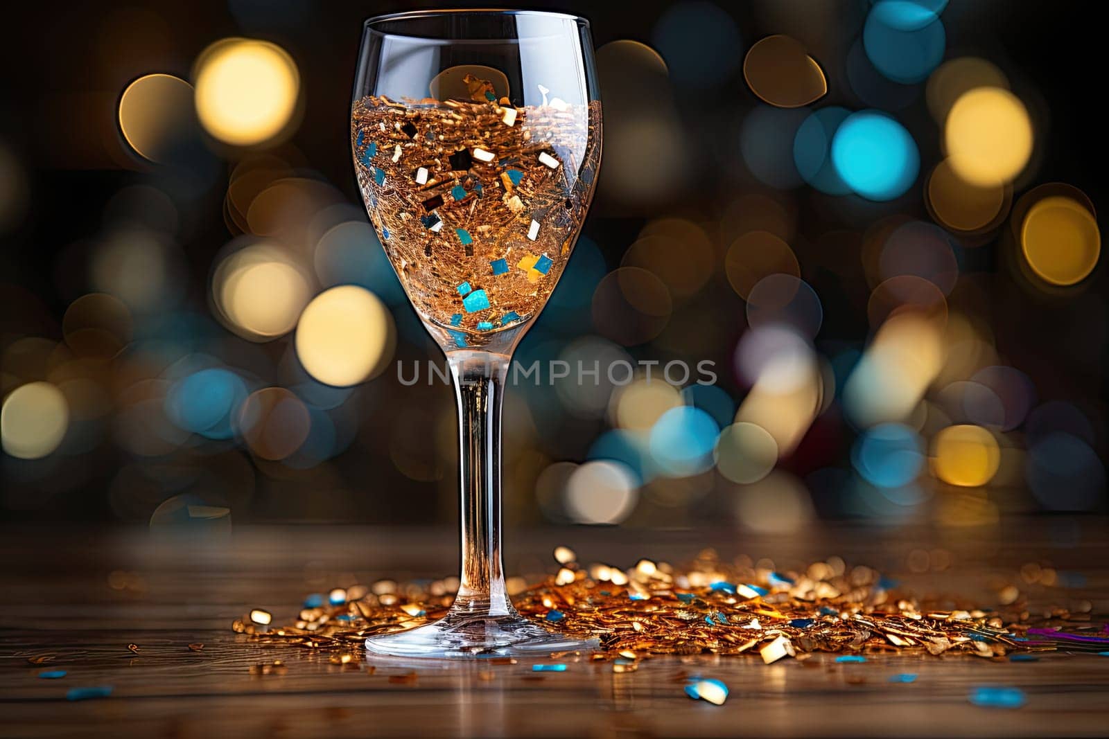 A glass filled with gold flakes sitting on top of a table by golibtolibov