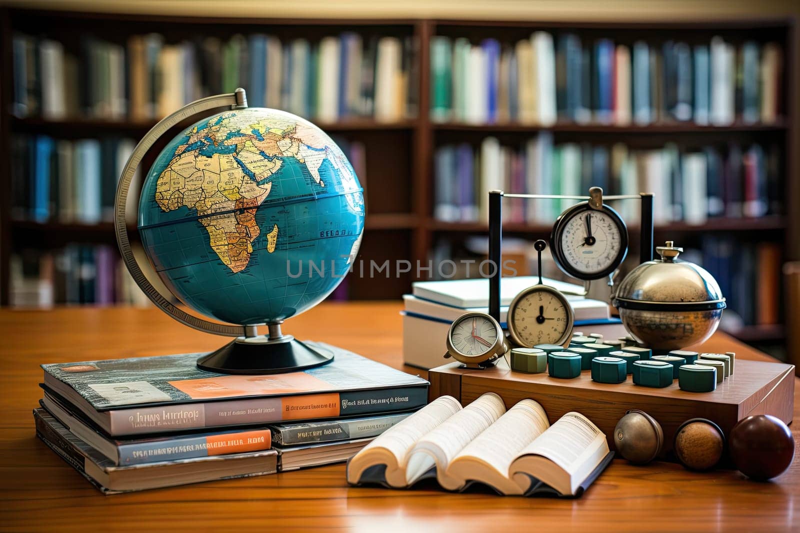 A desk with books, a globe and a clock on it created with generative AI technology by golibtolibov
