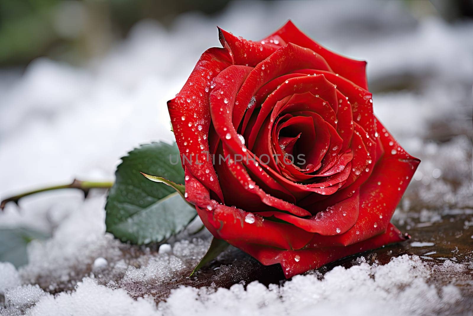 A red rose sitting on top of snow covered ground created with generative AI technology by golibtolibov