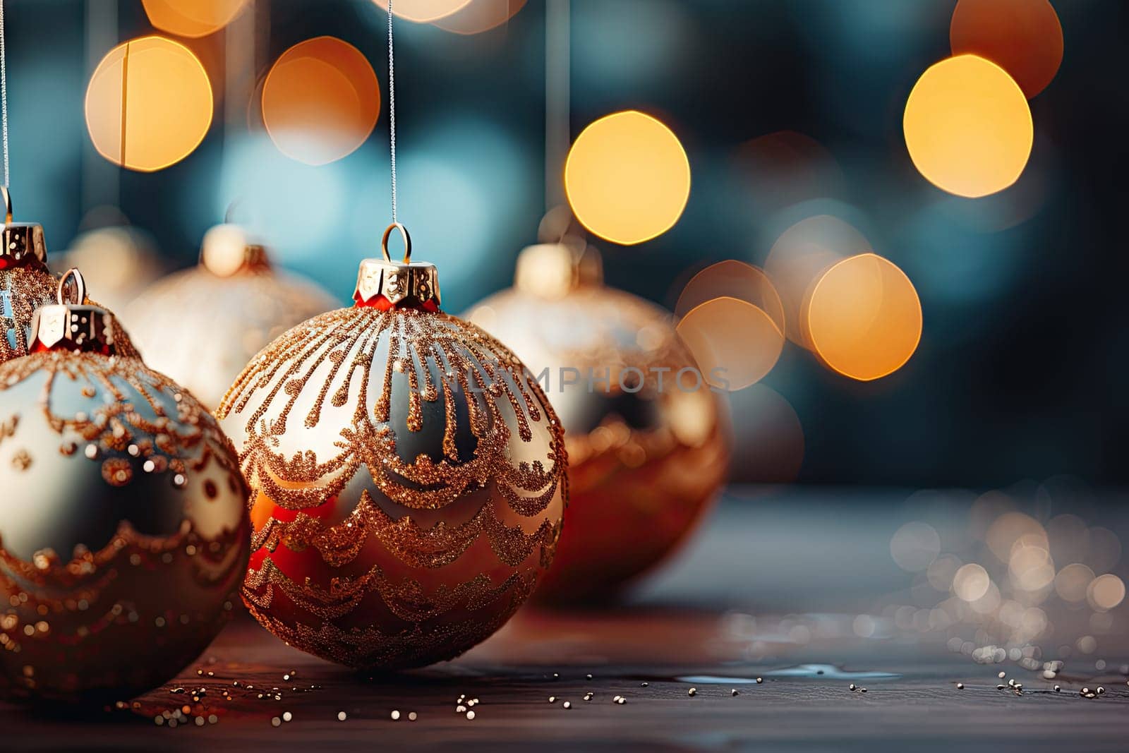 A group of christmas ornaments sitting on top of a table created with generative AI technology by golibtolibov