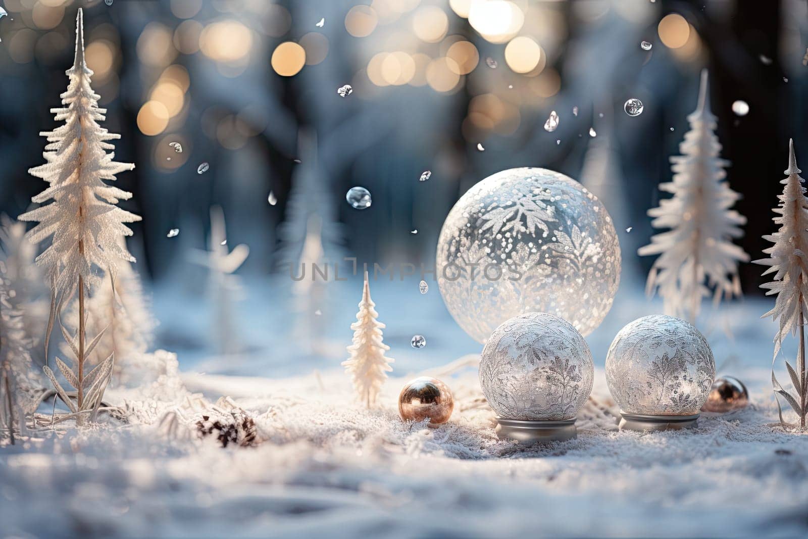 A Collection of Snow Globes on a Serene, Snow-Covered Landscape