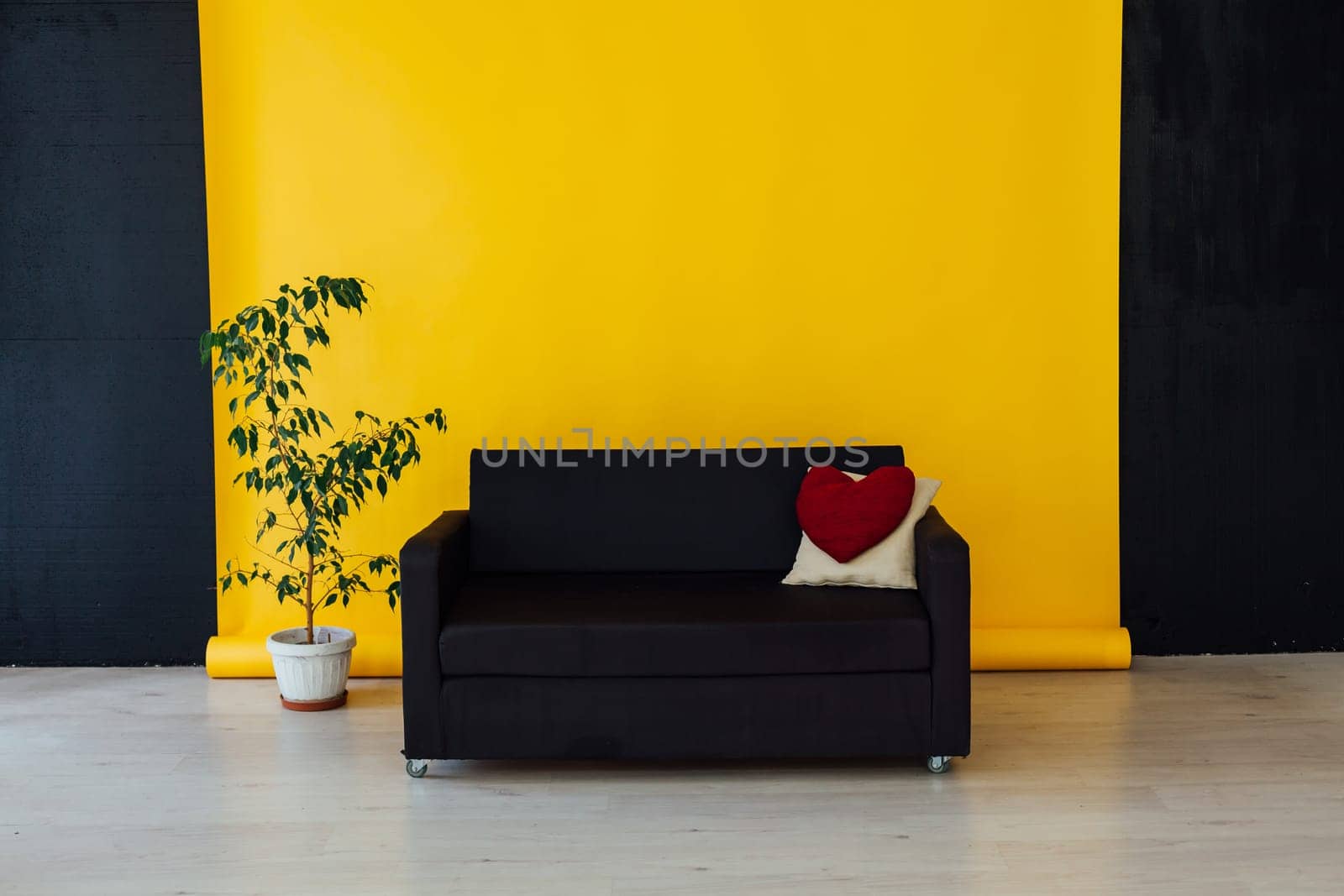 black sofa with pillows in the interior of the yellow room by Simakov