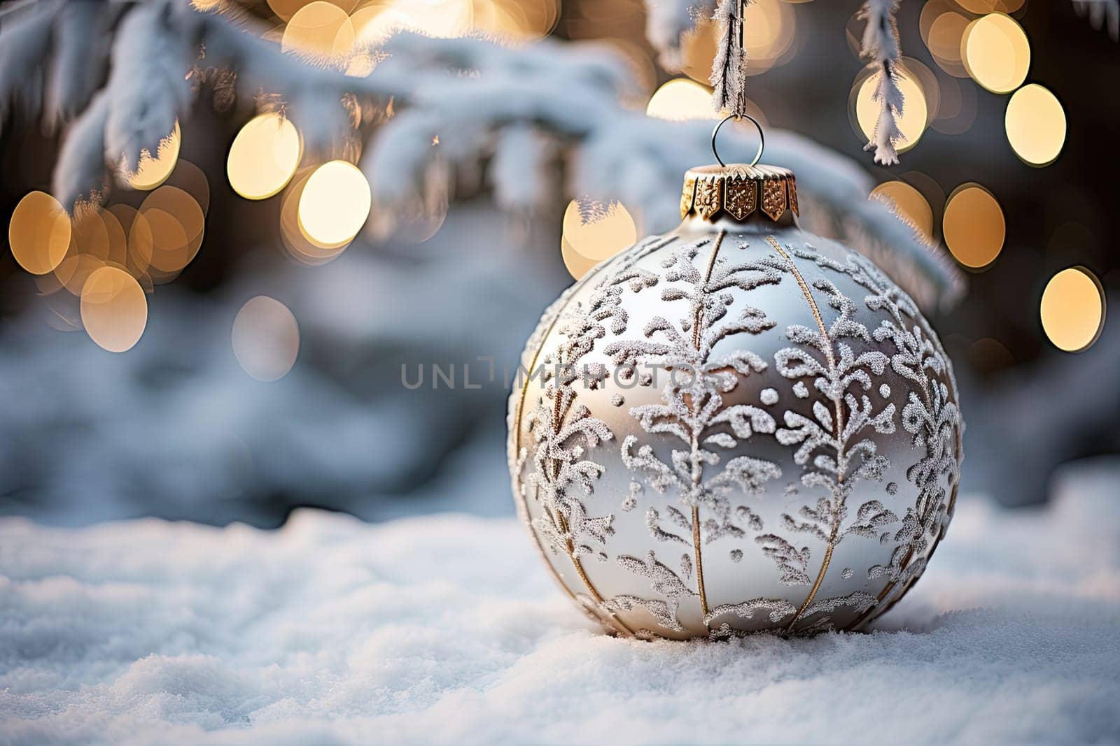 A white christmas ornament hanging from a tree by golibtolibov
