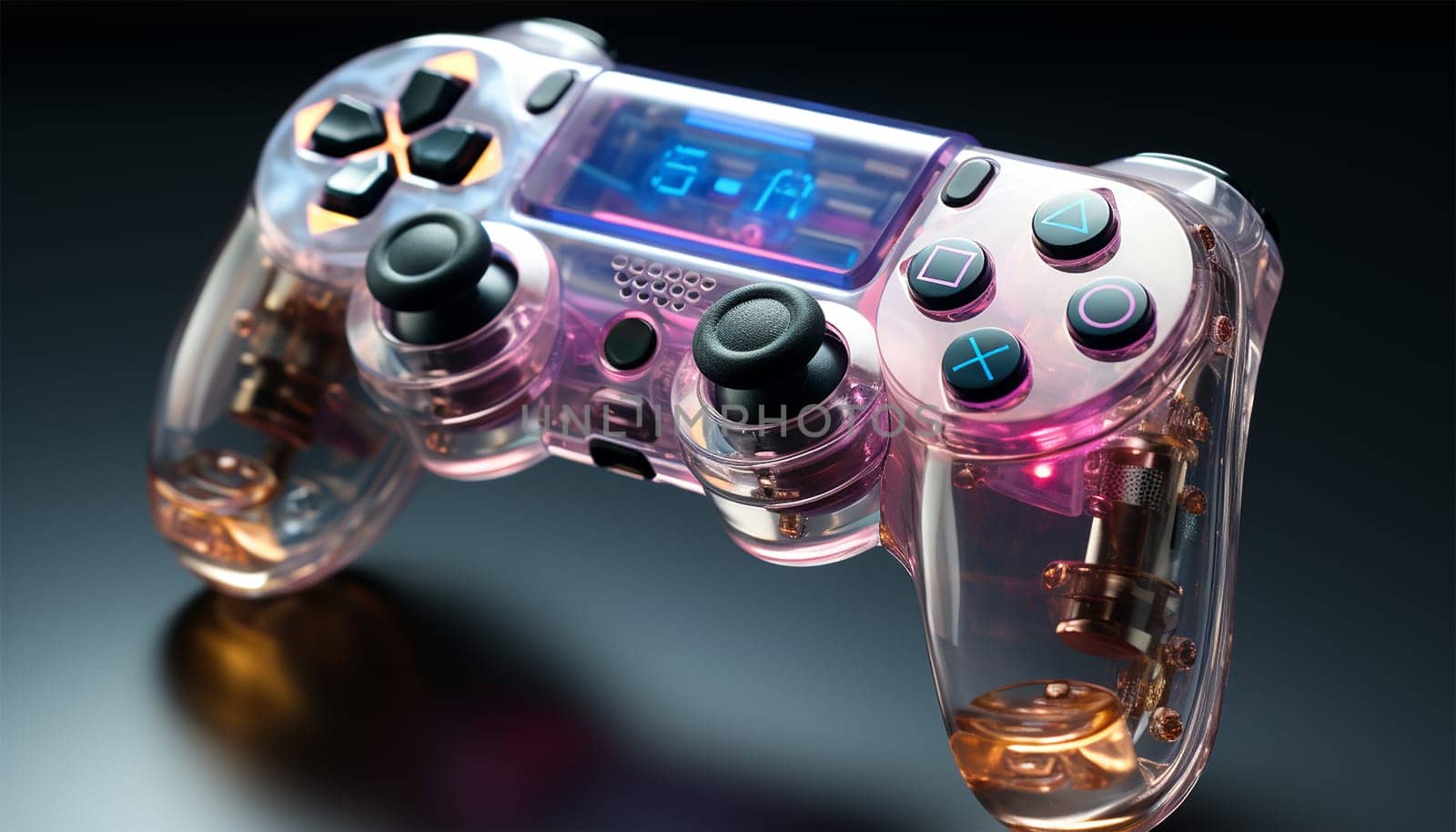 Neon game consol transparent. Purple,blue,pink glowing console controller or joystick with a cool neon background with space theme. best for retro gaming posters or promotional content for gaming tournaments etc. Colorful space themed cover. Copy space space for text