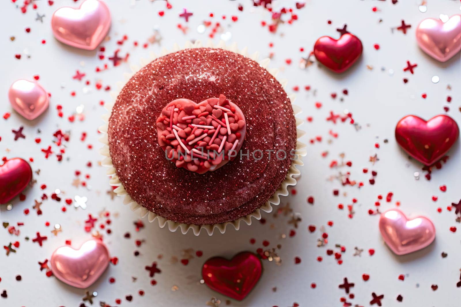 A Sweet Delight: Cupcake with Heart-Shaped Frosting Surrounded by Love-Filled Hearts Created With Generative AI Technology