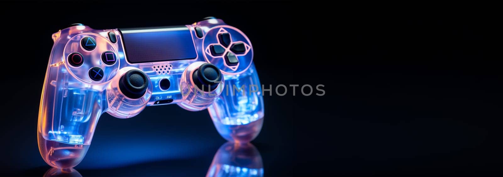 Neon game consol transparent. Purple,blue,pink glowing console controller or joystick with a cool neon background with space theme. best for retro gaming posters or promotional content for gaming tournaments etc. Colorful space themed cover. Copy space by Annebel146