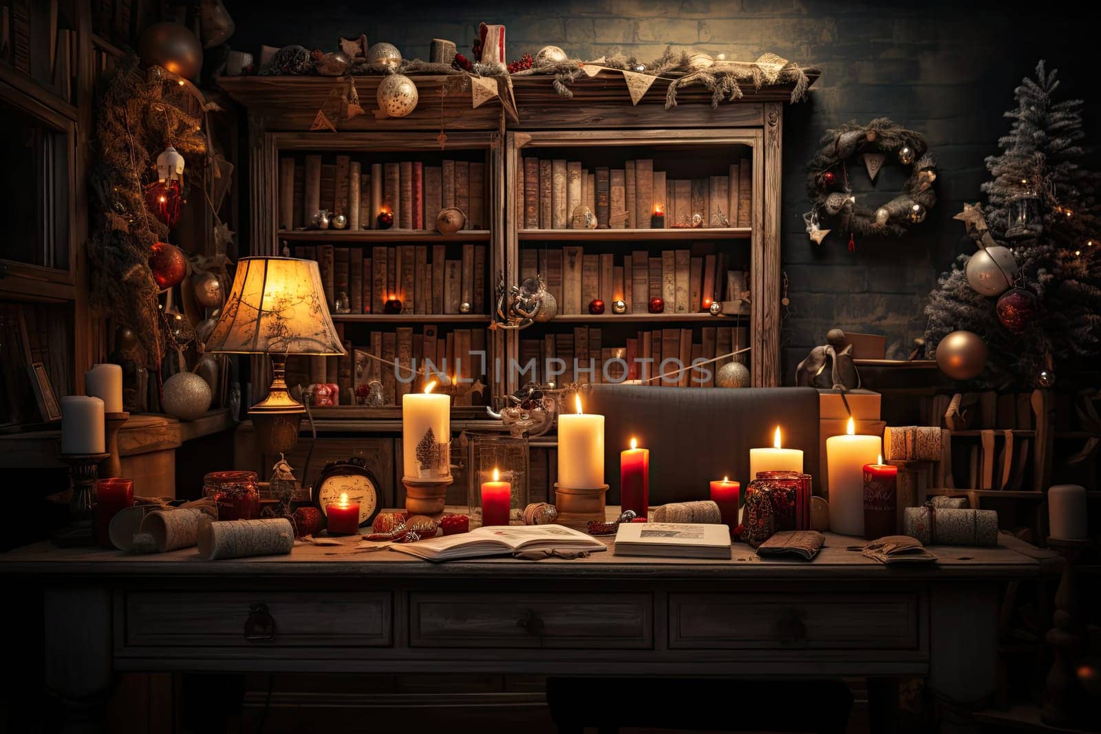 A desk with many candles and books on it created with generative AI technology by golibtolibov