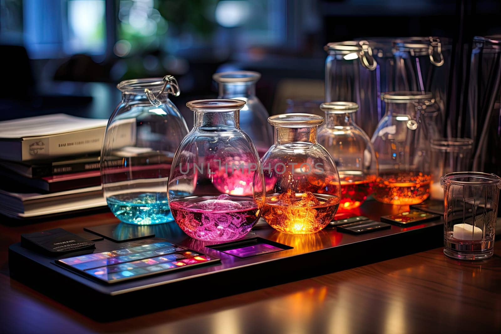 A wooden table topped with lots of glasses and bottles created with generative AI technology by golibtolibov